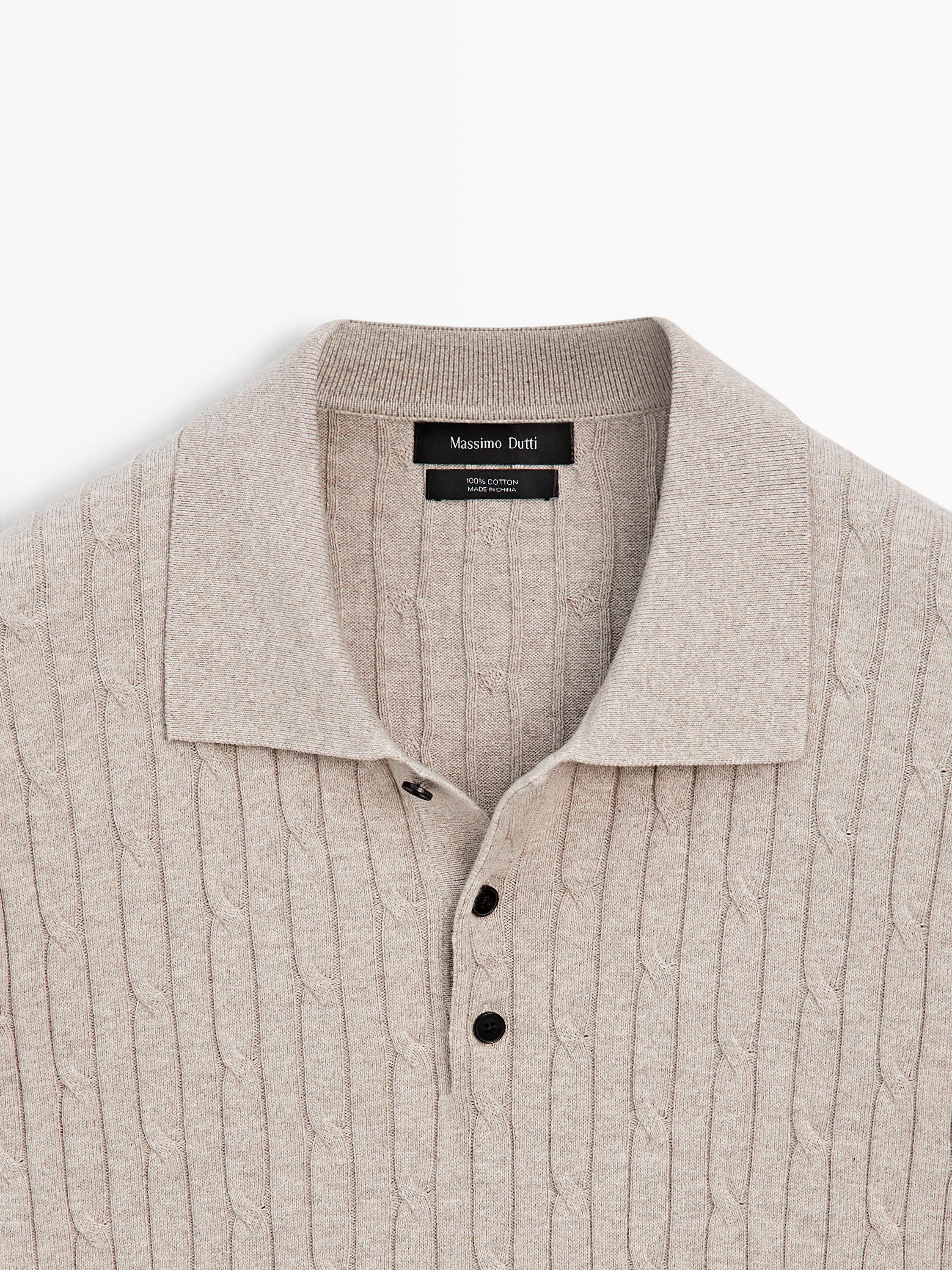 Cotton blend cable-knit polo sweater